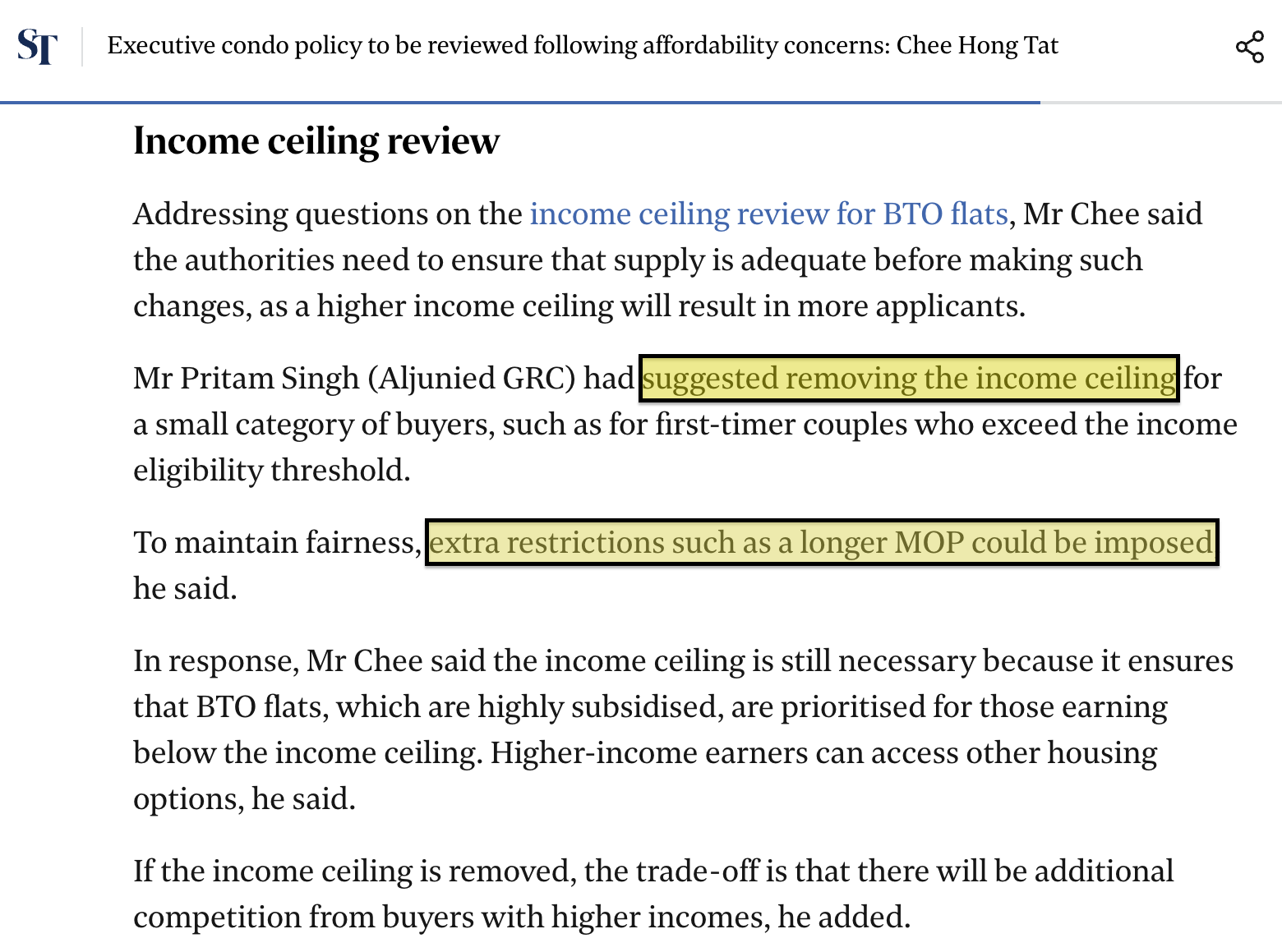 Executive condo policy to be reviewed - Mr Chee Hong Tat