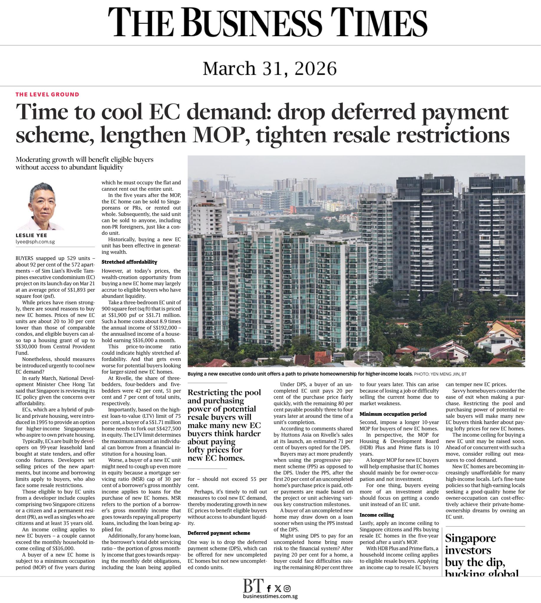 EC Demand Article - Drop deferred payment, lengthen MOP, tighten resale restrictions