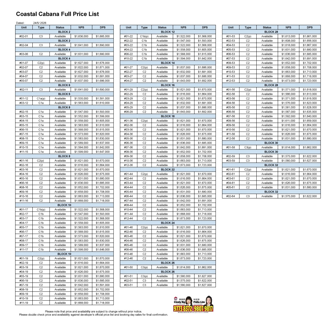 Coastal Cabana price list 24 May 26