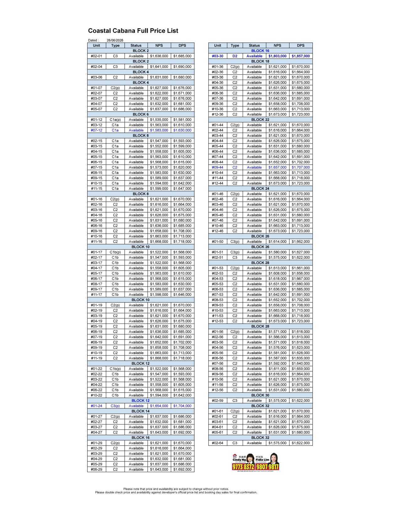 Coastal Cabana price list 26 June 26