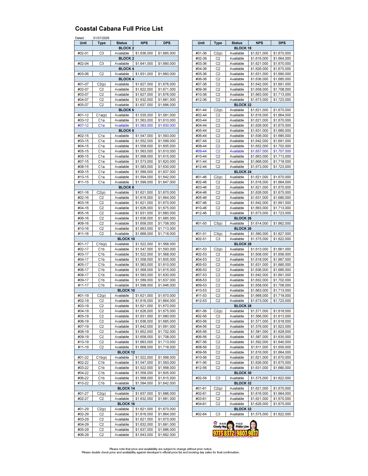 Coastal Cabana price list 01 July 26